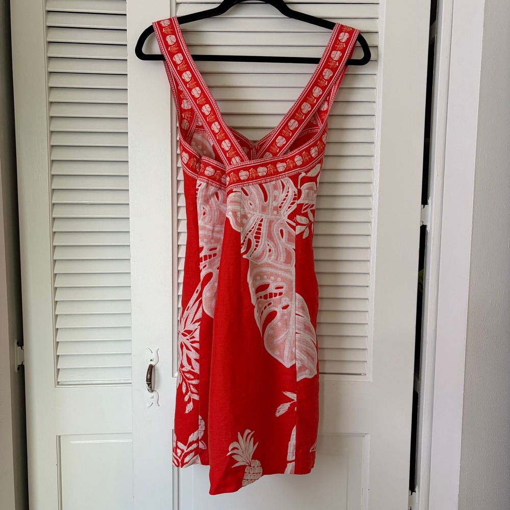 Farm Rio Vermillion Monstera Print 100% Linen Mini Dress Button Front Sz XS - Picture 3 of 13